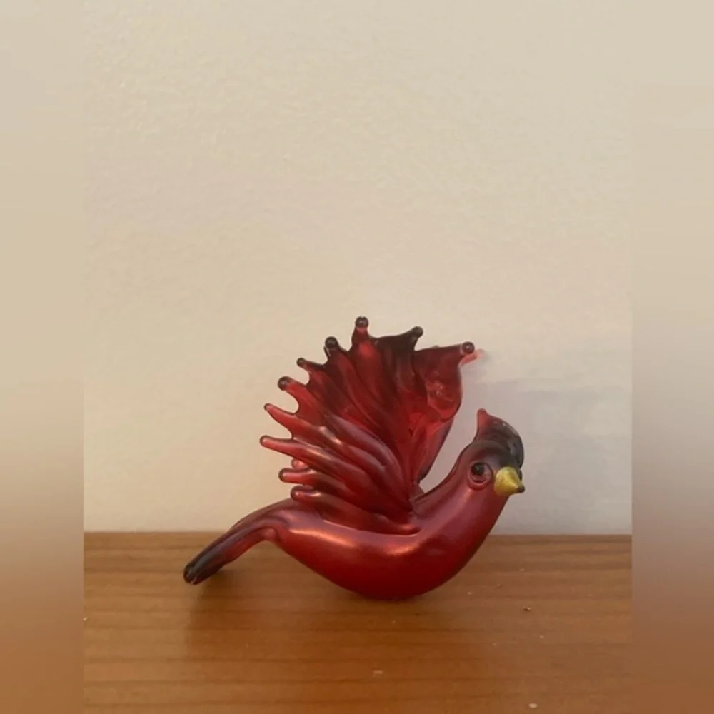 Vtg Red Cardinal Bird Figurine Hand Blown Glass Ornament Hanging